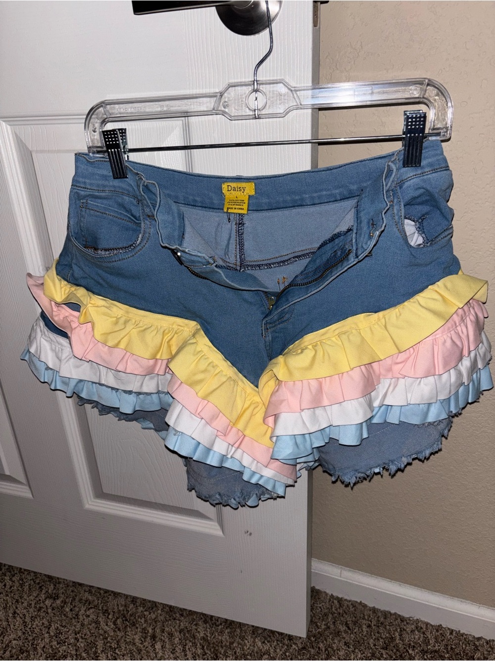 Daisy Pastel Ruffle Denim Shorts - Blue with Yellow, Pink, White, Light Blue